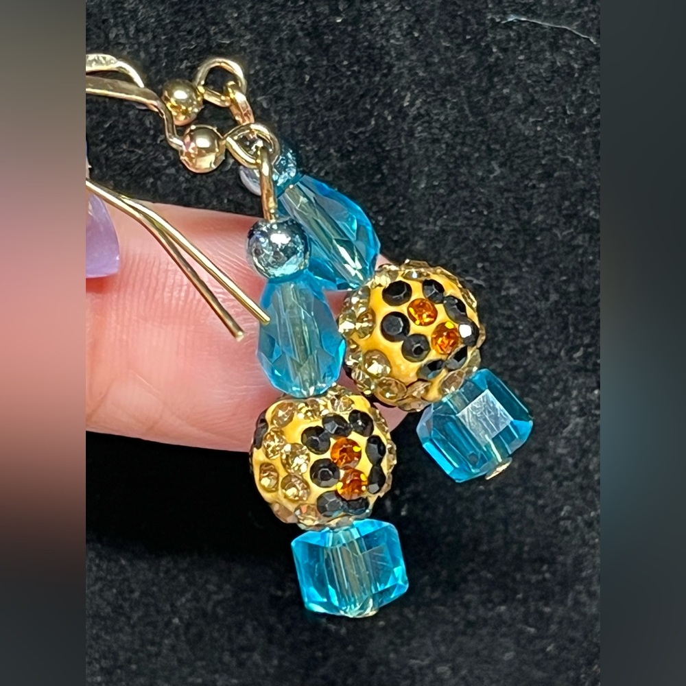 Aqua/ turquoise and glitter clay balls earrings in gold tone